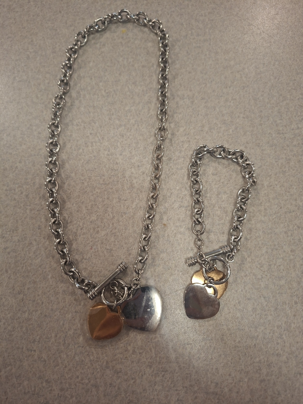 Silver Tone Heart Charm Necklace and Bracelet Set - Two-Tone Hearts